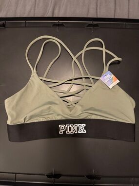 PINK Victoria's Secret Olive Green Strappy Bralette with Black Logo Band